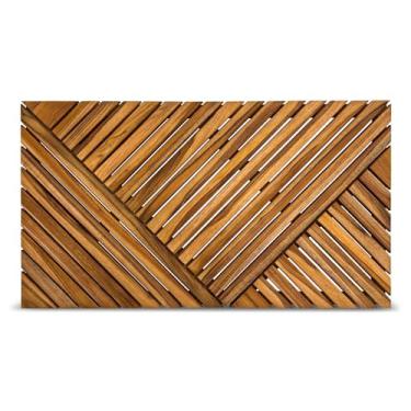 Imagem de StrongTek Tapete de chuveiro de teca, tapete de banho de teca sólida pré-lubrificado de 89,9 cm x 50,8 cm com design de ripas diagonais, tapete de madeira antiderrapante e resistente à água para