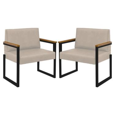 Imagem de Kit 2 Poltronas Niterói Couro Off White Em Metal Preto