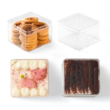 Imagem de Caixas quadradas de plástico para sobremesa com tampas, caixas transparentes de embalagem para assados, recipientes de tiramisu de biscoito para frutas, pudim, mousse, copos de parfait com tampas