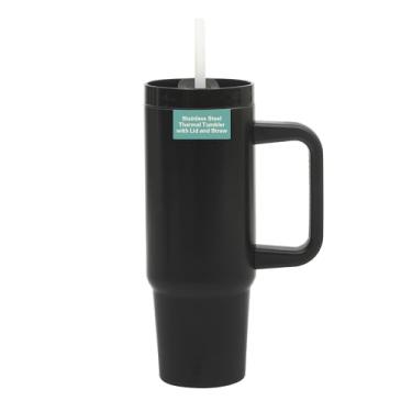 Imagem de Gibson Home Marina Copo de viagem de aço inoxidável de 822 g com alça e canudo, caneca com isolamento de parede dupla, tampa resistente a vazamentos, serve para suporte de copo de carro, preto fosco