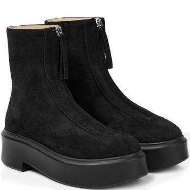 Imagem de BeeLg Bota feminina plataforma cano curto Chelsea bota de outono com zíper frontal de couro de combate, Camurça preta, 40