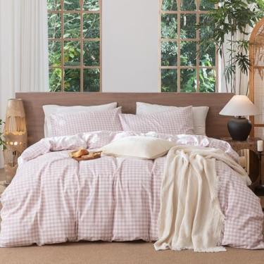 Imagem de MooMee Conjunto de capa de edredom Gingham 100% algodão lavado, linho, texturizado, respirável, durável, macio, confortável, moderno design xadrez (rosa cinza guingão clássico, Cal King 264 x 248 cm)