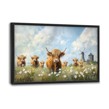 Imagem de Flintis Grande Highland Cow Barn Arte de parede emoldurada fazenda Highland Cattle Daisy Pictures decoração de parede pintura em tela abstrata obras de arte emolduradas para sala de estar banheiro