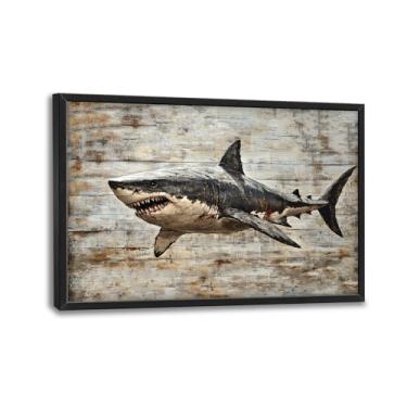 Imagem de Arte de parede emoldurada de tubarão rústico grande vintage decoração de parede em tela de tubarão oceano, náutico, litoral, vida marinha, pintura, arte, decoração, casa, sala de estar, quarto