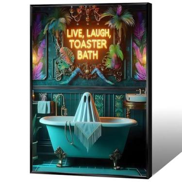 Imagem de Arte de parede engraçada em tela de Halloween White Ghost Live Laugh Toaster Bath Poster Ghost Sitting In The Bathtub Neon Painting Dark Gothic Spooky Print For Bathroom Bedroom Dorm Wall Decor 30 x