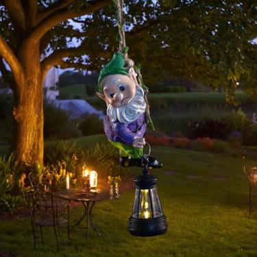 Imagem de Decoração de lanterna solar de gnomo de jardim, estatueta ao ar livre, verde e roxo, resina resistente ao clima