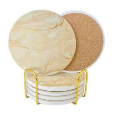 Imagem de Conjunto de 6 porta-copos de cerâmica de mármore Yello com suporte, melhor porta-copos absorventes, conjunto de porta-copos de mesa de cerâmica redonda, decoração decorativa de xícara de café, melhor