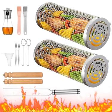 Imagem de Pacote com 2 cestos de churrasco ao ar livre, acessórios de grade de malha de aço inoxidável para fogueira, grade de churrasqueira com design de rolamento