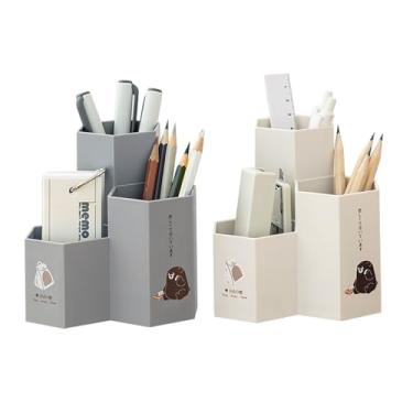 Imagem de TNDCKP Organizador de caneta de mesa de plástico com 3 compartimentos, copo de lápis de dupla finalidade/suporte de lápis fofo para escritório, escola, casa (branco/cinza)