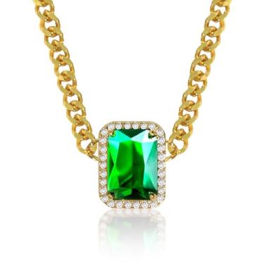 Imagem de DERDALN Colar de diamante feminino, corrente de elos cubanos, esmeralda, pedra preciosa, pingente de cristal verde, banhado a ouro 14K, joia de zircônia cúbica, free size, faia, Zircônia cúbica