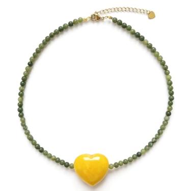 Imagem de MEVOME Colar com pingente de coração grosso com contas de pedra natural, banhado a ouro 18K, pedra preciosa, pêssego, coração, gargantilha feminina, joia para presente de aniversário, Natal, Ano Novo