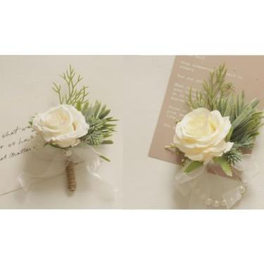 Imagem de Conjunto de corpete e flor na lapela, corpete de pulso e flor na lapela para casamento, baile e decoração de terno, elegante pulseira de corsage para noiva, noivo, damas de honra e padrinhos