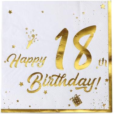 Imagem de Guardanapos de aniversário de 18 anos, folha dourada, guardanapos de festa descartáveis de 40 unidades para comemoração de aniversário de 18 anos, guardanapos brancos de jantar de 33 cm com impressão