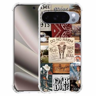 Imagem de Western Cow Cowboy Cowgirl Padrão de colagem de gado, capa de telefone TPU macio para Google Pixel 10/10 Pro