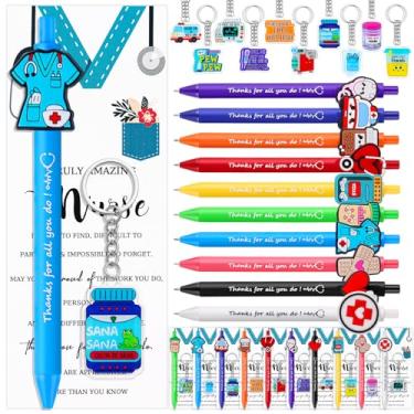Imagem de QAUYETM Conjunto de 20 canetas engraçadas para enfermeiras, presentes de farmácia, com chaveiros, acessórios para cartões, para assistente médico, estudantes de enfermagem, presentes essenciais para