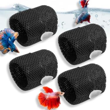 Imagem de PINVNBY Pacote com 4 brinquedos para esconderijo de peixe Betta preto com ventosas, caverna de aquário vazado, abrigo Betta, brinquedos para pequenos peixes, camarões, ciclídeos