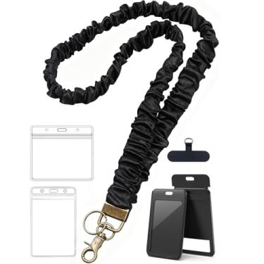 Imagem de Vxhinqy Cordão Scrunchie com suporte de identificação para crachás de identificação - Lindos cordões elásticos para professoras mulheres (preto escuro)