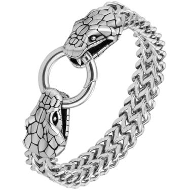 Imagem de LuxGoth Pulseira de corrente de aço inoxidável com duas cabeças de cobra cubana pesada gótica, punk rock, motociclista, vintage, viking, cobra, franco, elos de franco, joia para homens, prata