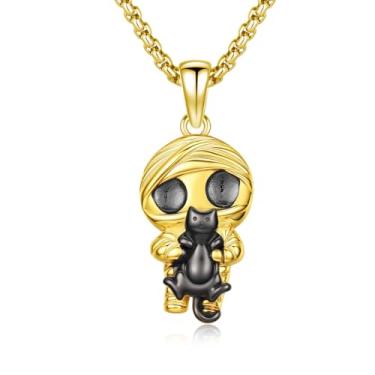 Imagem de PCTJYFU Colar com pingente de gato com múmia egípcia, banhado a ouro 925, corrente de 45,7 cm + 5 cm, presente exclusivo para ela, joia de aniversário, Halloween, Natal para amantes de gatos