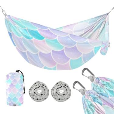 Imagem de ATTX Linda rede de acampamento com escamas de sereia – Redes leves e portáteis, capacidade de 149 kg para uso interno, caminhadas, mochilão, viagens, quintal, praia (358)