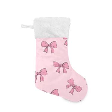 Imagem de ATTX Pacote com 2 meias de Natal com estampa de laço rosa com punho de pelúcia branco - Decoração de Natal para presentes, meia de 43 cm (78)