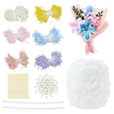 Imagem de PH PandaHall 2220 peças de estames de flores para artesanato, limpador de cachimbos, kit de flores de pelúcia com 100 peças de pérolas, 1 rolo de fio de veludo para buquê de casamento, artesanato