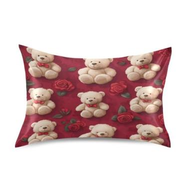 Imagem de ATTX Fronha de almofada de rosas de urso dos namorados com fecho de envelope para cabelo e pele, macia, respirável, suave, ambos os lados, capa de almofada de seda refrescante (Queen 50 cm × 76 cm, 1