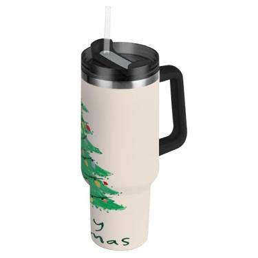 Imagem de Blueangle Copo de árvore de Natal com luzes coloridas de 850 g com alça e tampa de palha, caneca de viagem de aço inoxidável isolada a vácuo de parede dupla, garrafa de água reutilizável para academia