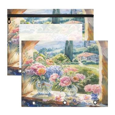 Imagem de SEHANY Pasta de lápis de flores de jardim com 3 anéis - bolsa de documentos com zíper tamanho A4 com janela transparente para sala de aula, escritório, 2 peças
