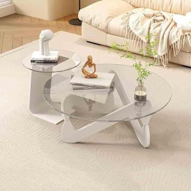 Imagem de Yadlan Conjunto de mesas de centro redondas modernas, mesas de café, mesa de centro de vidro, conjunto de 2 mesas laterais com suporte triangular, mesas de canto para sala de estar, quarto, varanda