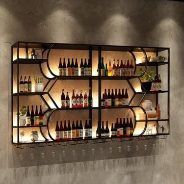 Imagem de HGTRH Rack de vinho montado na parede com suporte de vidro, suporte de garrafa de vinho decorativo para bar casa, prateleiras flutuantes para parede taças de vinho com luz LED, grande capacidade para