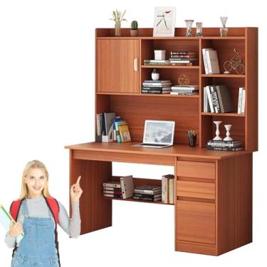 Imagem de Mesa para jogos com estante e chapéu, moderna mesa de escritório em casa com desenhos, mesa de computador PC laptop mesa de trabalho estação de trabalho para sala de estar quarto quarto espaço de