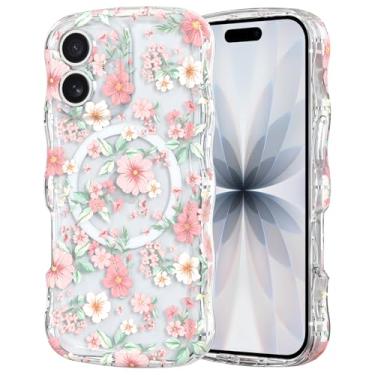 Imagem de RALEAVO Capa para iPhone 17 linda estampa floral [compatível com Magsafe] Capa de moldura ondulada transparente encaracolada para mulheres, capa acrílica à prova de choque antiderrapante para iPhone