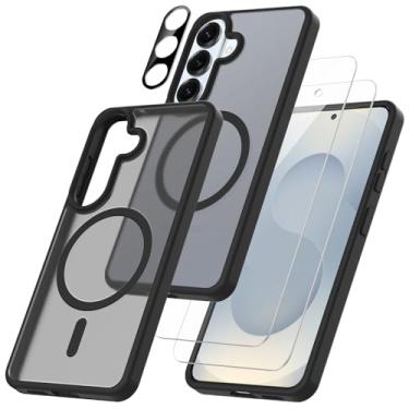 Imagem de Capa magnética para Samsung Galaxy S26 5G com 2 protetores de tela de vidro temperado com 1 protetor de lente de câmera fosco translúcido à prova de choque capa protetora para celular (preto)
