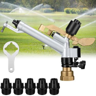 Imagem de Maxcheck Aspersor de irrigação agrícola de 360° com pistola de impacto ajustável com conjunto de bocais, pistola de irrigação para irrigação de grande área para gramado de jardim (simples, rosca fêmea