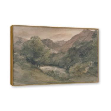 Imagem de Moldura de teca. Arte em tela romantismo estilo constável, (Um dia ensolarado), pintura de paisagem inglesa emoldurada, decoração de parede elegante para sala de estar escritório. 50 x 70 cm - 19,6 x