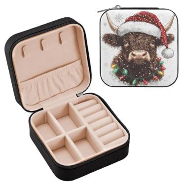 Imagem de Wassud Estojo de joias de viagem Highland Cow in a Santa Hat para mulheres, meninas, senhoras, noiva, mini organizador de joias de couro PU, caixa quadrada de armazenamento de joias para brincos