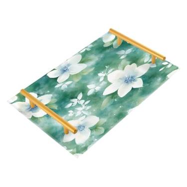 Imagem de Wassud Bandeja de banheiro floral branca e verde com alças organizador de perfume de joias de acrílico para banheiro, quarto, cozinha, balcão de 30 x 20 cm