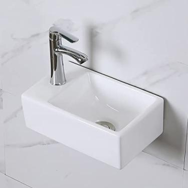 Imagem de Pia de banheiro de montagem na parede, lavatório pequeno de cerâmica branca montado na parede retangular de porcelana para fazenda, B