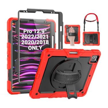 Imagem de SEYMAC Capa para iPad Pro 12.9 2022/2021/2020/2018, capa resistente à prova de choque com protetor de tela, suporte giratório de 360°/alça de ombro, suporta carregamento Pencil 2, vermelha
