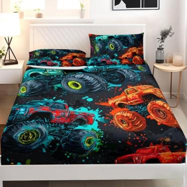 Imagem de AILONEN Jogo de lençol solteiro com estampa de caminhão monstro, caminhões de desenho animado para crianças, adolescentes, meninos, lençol com elástico, 3 peças, 1 bolso profundo e 2 fronhas