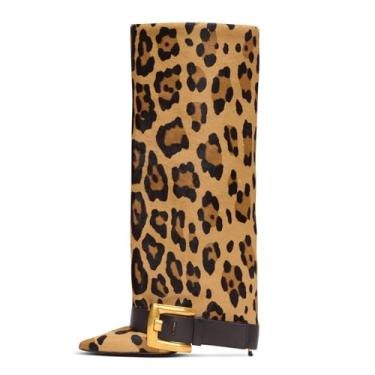 Imagem de USRUNOE Botas femininas dobráveis, de couro até o joelho com salto agulha de 10 cm, panturrilha larga e botas de tubarão para uso casual e noturno, Amarelo, 41