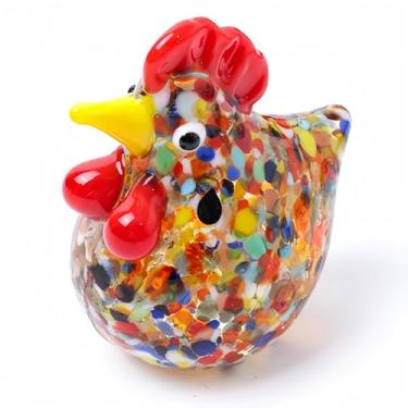 Imagem de RSACCSKY Estatueta de galinha de vidro de cristal, colecionáveis, arte soprada à mão, escultura de galo de vidro, peso de papel animal para decoração de mesa de presentes (colorida)