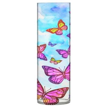 Imagem de JUZIHAI Vaso de borboletas em aquarela para flores 9,9 cm x 30 cm Cilindro de plástico moderno vaso de flores para centro de mesa de casamento decoração de casa