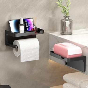 Imagem de Porta-lenços de banheiro com prateleira, serve para rolos e lenços faciais, organizador de armazenamento de parede (preto)
