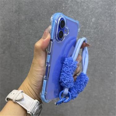 Imagem de HTVJFX Capa protetora para iPhone 16 Plus, transparente, com alça de pulso, à prova de choque e airbag (para iPhone 16 Plus/azul-celeste)