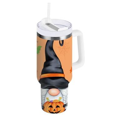 Imagem de Copo com isolamento duplo laranja Gnomos Halloween com canudo e alça para água, copo de água 850 g / 0,89 L
