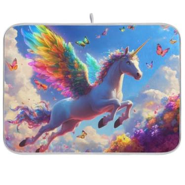 Imagem de Tapete de secagem de pratos azul unicórnio mágico, 45 cm x 61 cm, reversível para café, escorredor, escorredor de pratos, protetor de bancada de cozinha