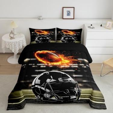 Imagem de Feelyou Conjunto de edredom de rúgbi, tamanho solteiro, esportivo, rúgbi, para meninos, meninas, adolescentes, presente para amantes de futebol, jogo de edredom preto e amarelo