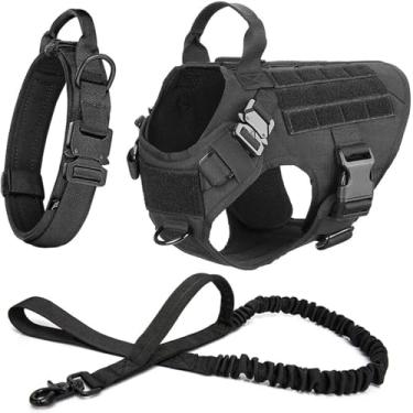 Imagem de Conjunto de Coleira e Guia para Cães Colete Treinamento Militar Atividades com Grandes Médios Nylon Reflexivo Fivela Aju